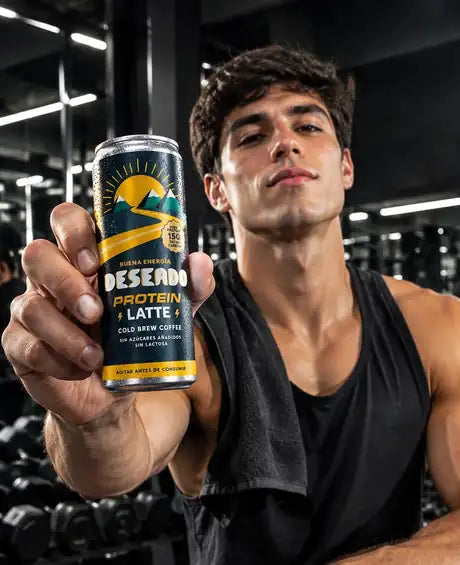 Deportista con una lata de DESEADO Protein Latte en el gimnasio